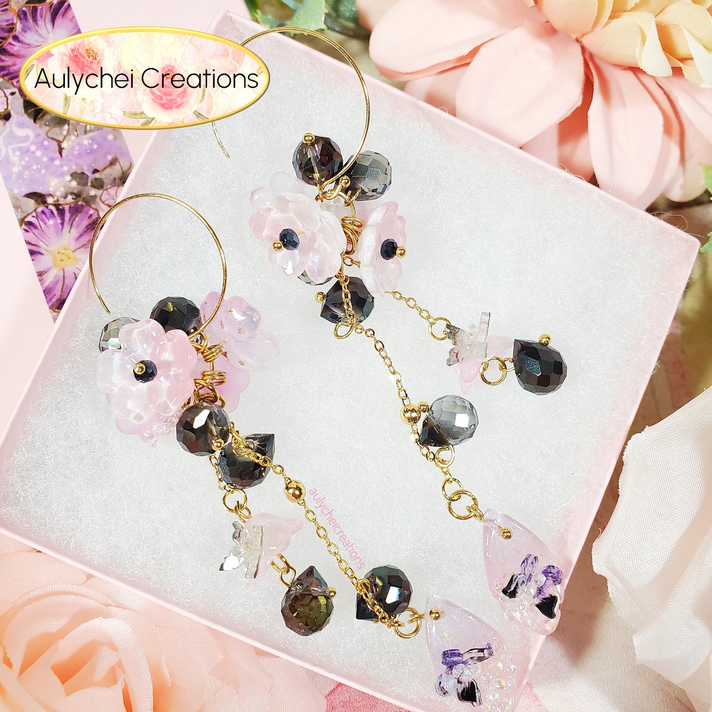 Black & Pink Fairy Glass Flower Dangle Earrings