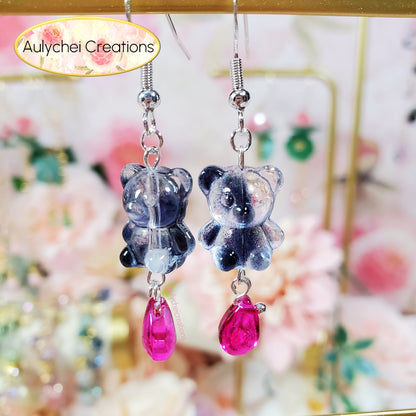 Black & Pink Glass Candy Bear Drop Earrings