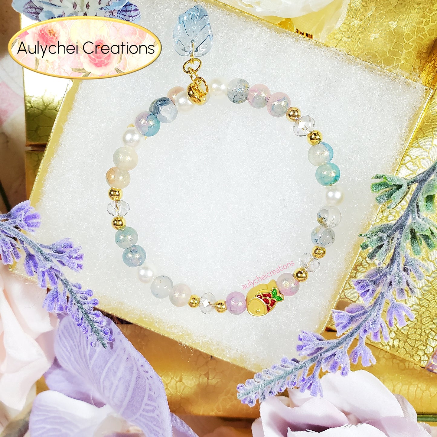 Blue Glass Beaded Enamel Goldfish Wrap Bracelet