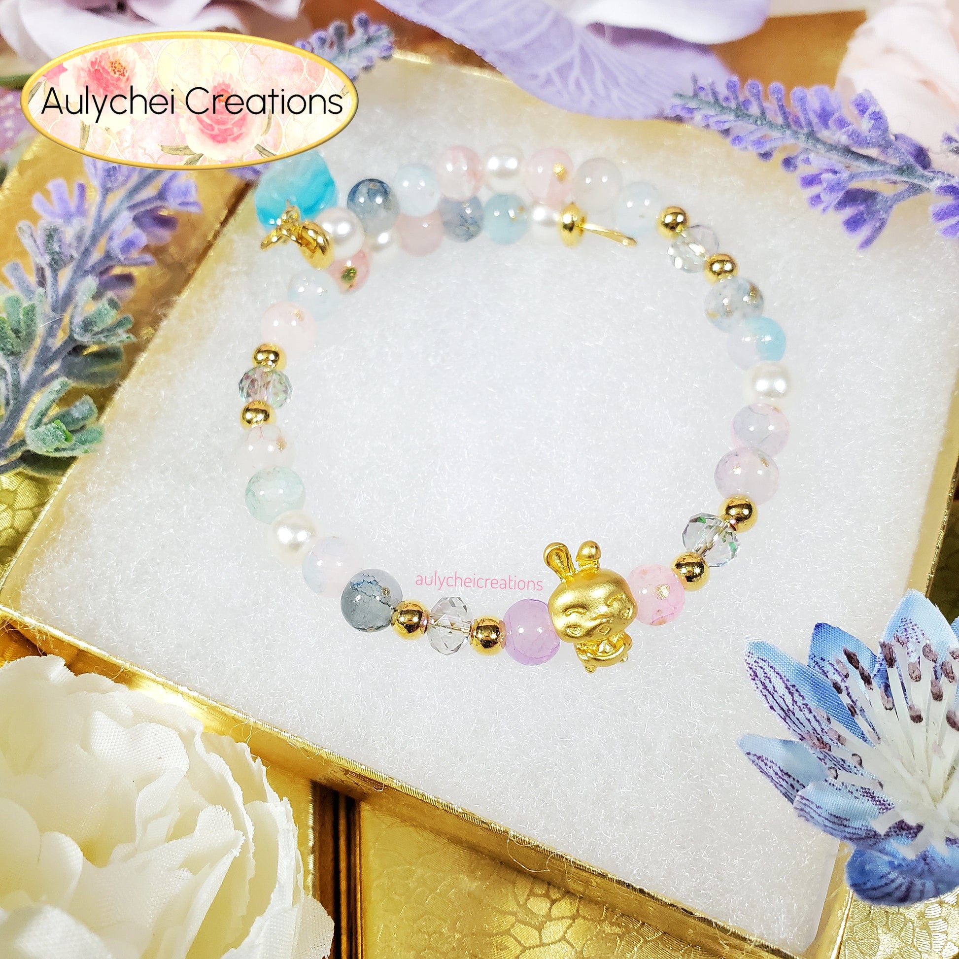 Blue Glass Beaded Enamel Rabbit Wrap Bracelet