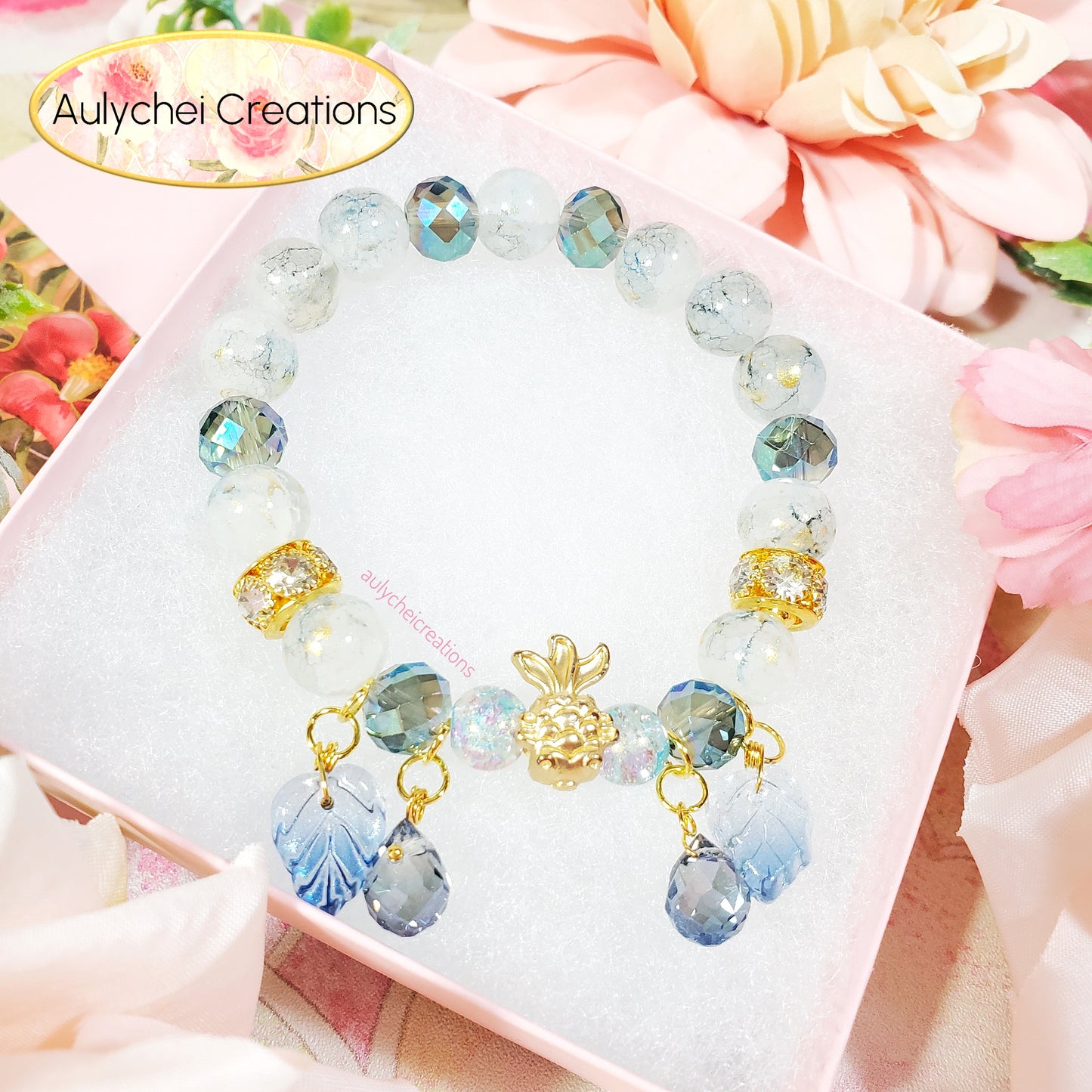 Blue Glass Beaded Goldfish Charm Bracelet