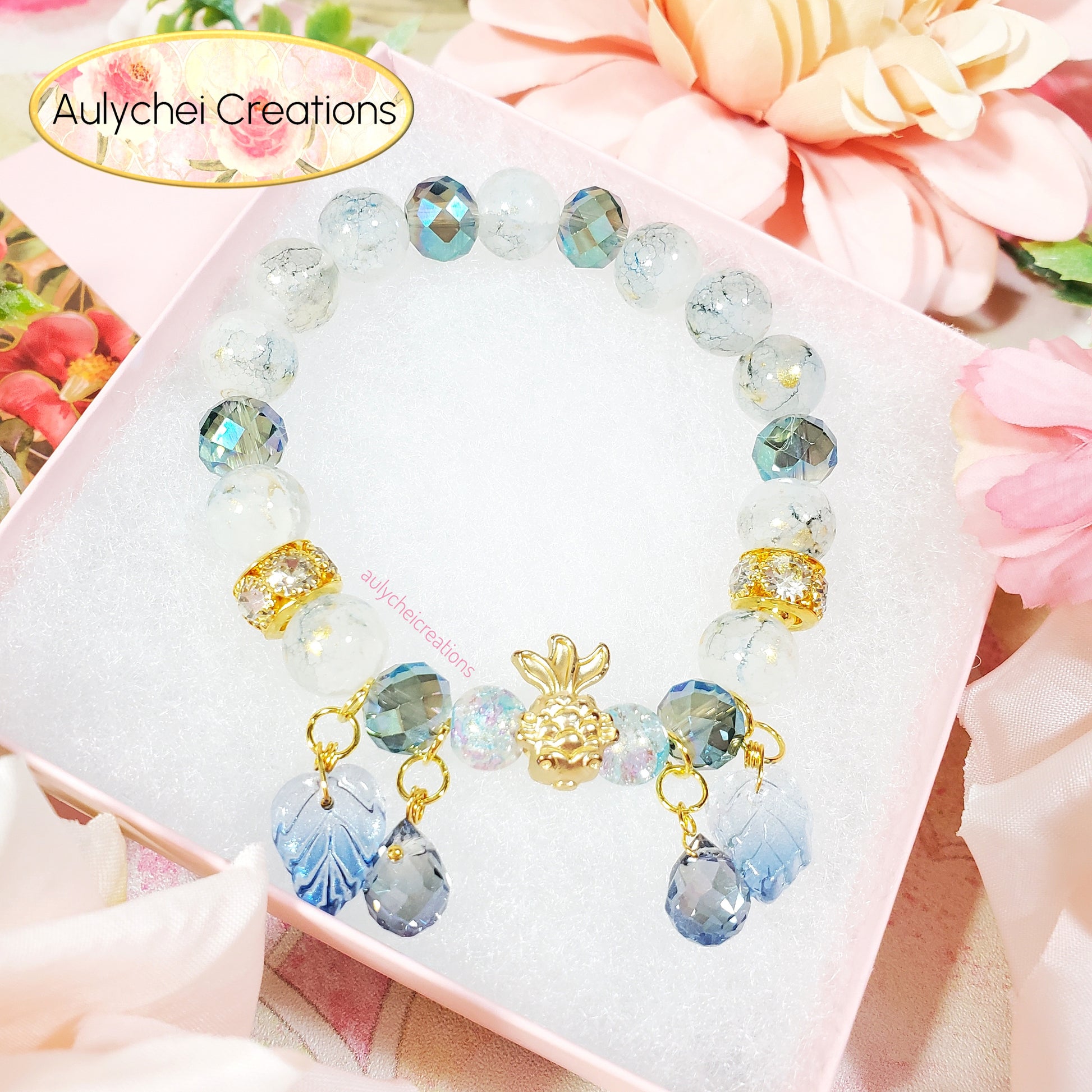 Blue Glass Beaded Goldfish Charm Bracelet