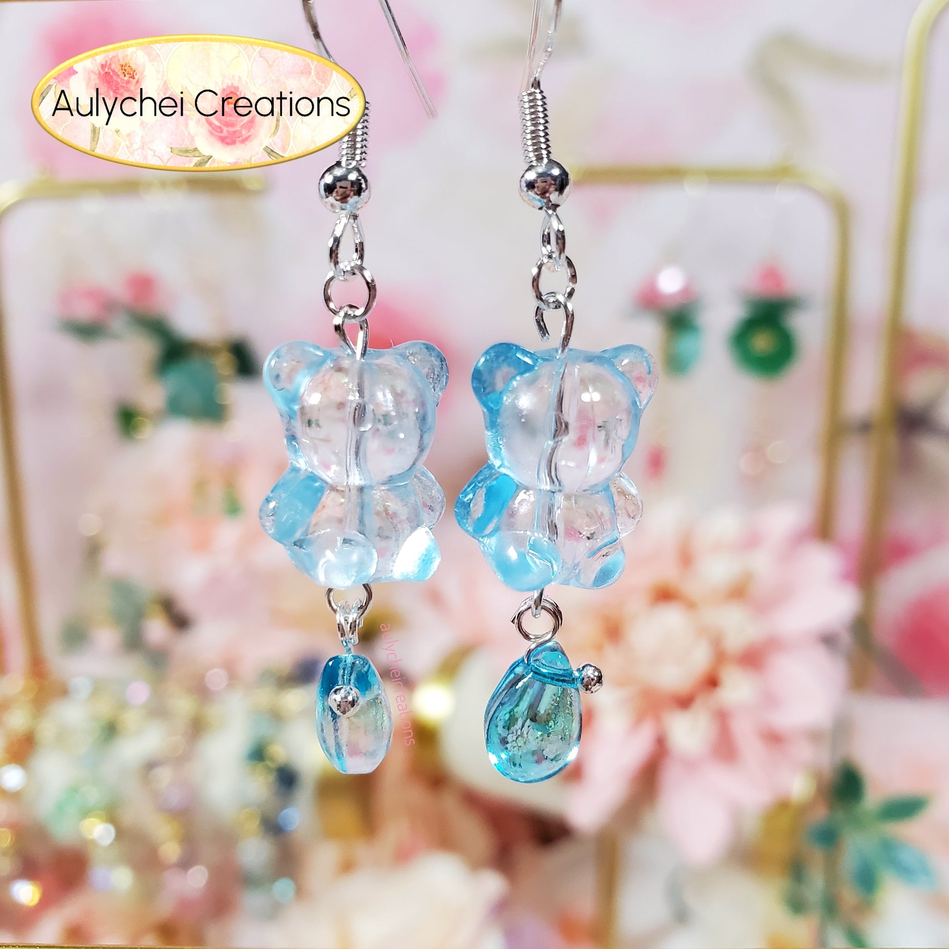Blue Glass Candy Bear Drop Earrings