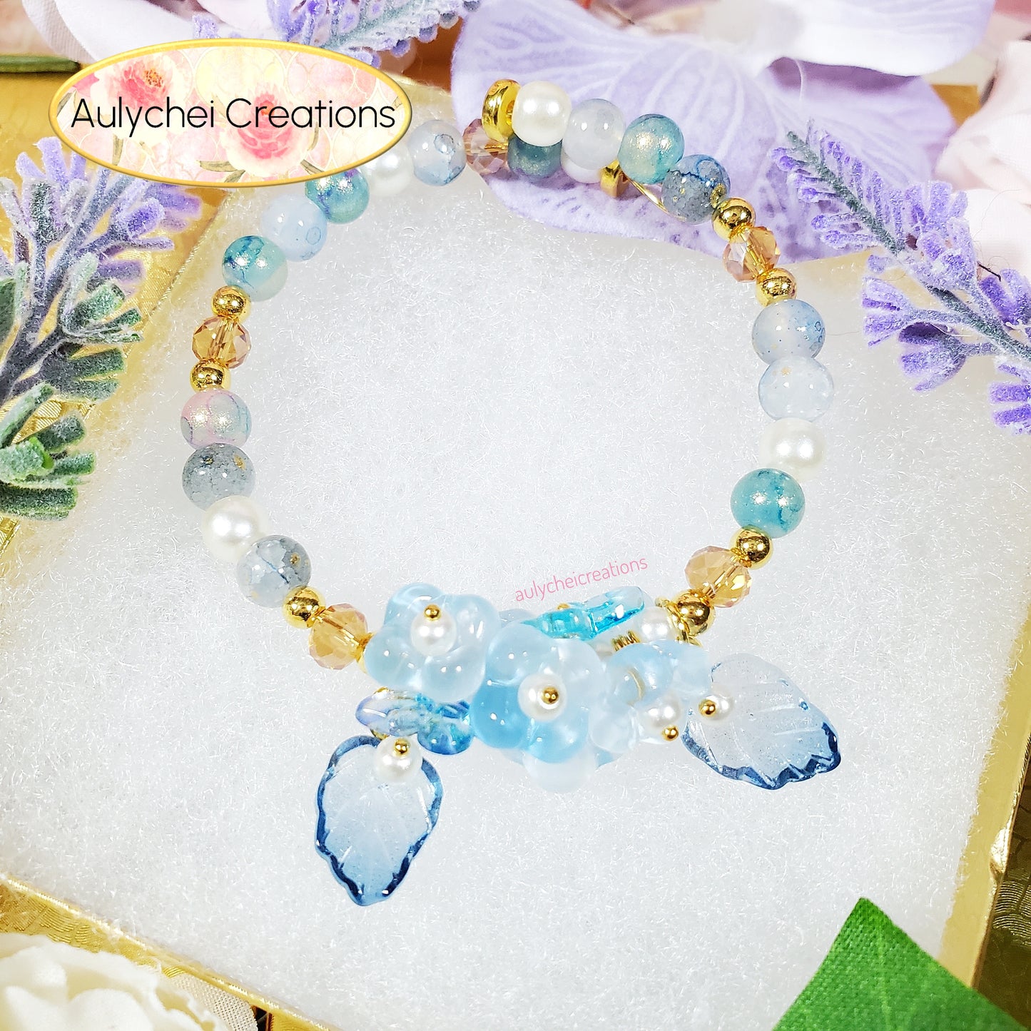 Blue Glass Flower and Butterfly Beaded Wrap Bracelet