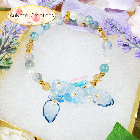 Blue Glass Flower and Butterfly Beaded Wrap Bracelet
