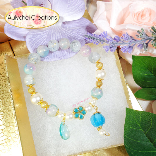 Blue Glass Lantern Beaded Charm Bracelet