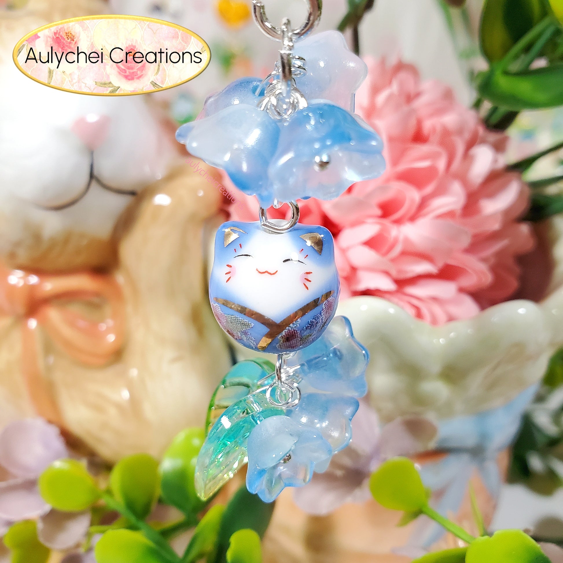 Blue Lily Cat Glass Bead Flower Keychain Lanyard for Sale