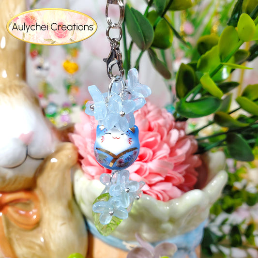 Blue Osmanthus Cat Glass Bead Flower Keychain for Sale