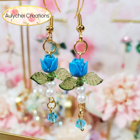 Blue Rose Bud Crystal Drop Earrings
