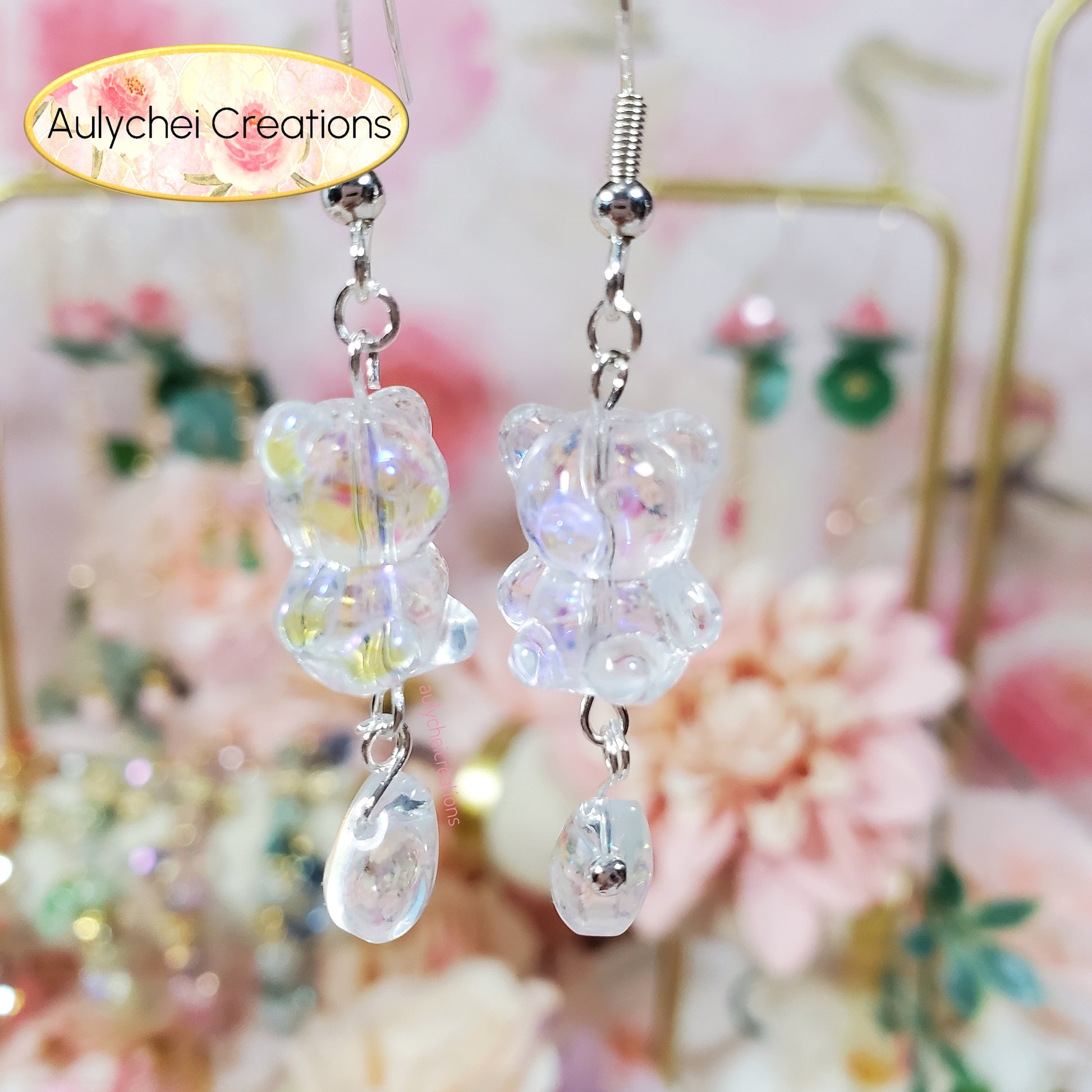Clear Glass Candy Bear Drop Earrings 