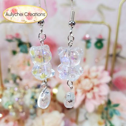 Clear Glass Candy Bear Drop Earrings 