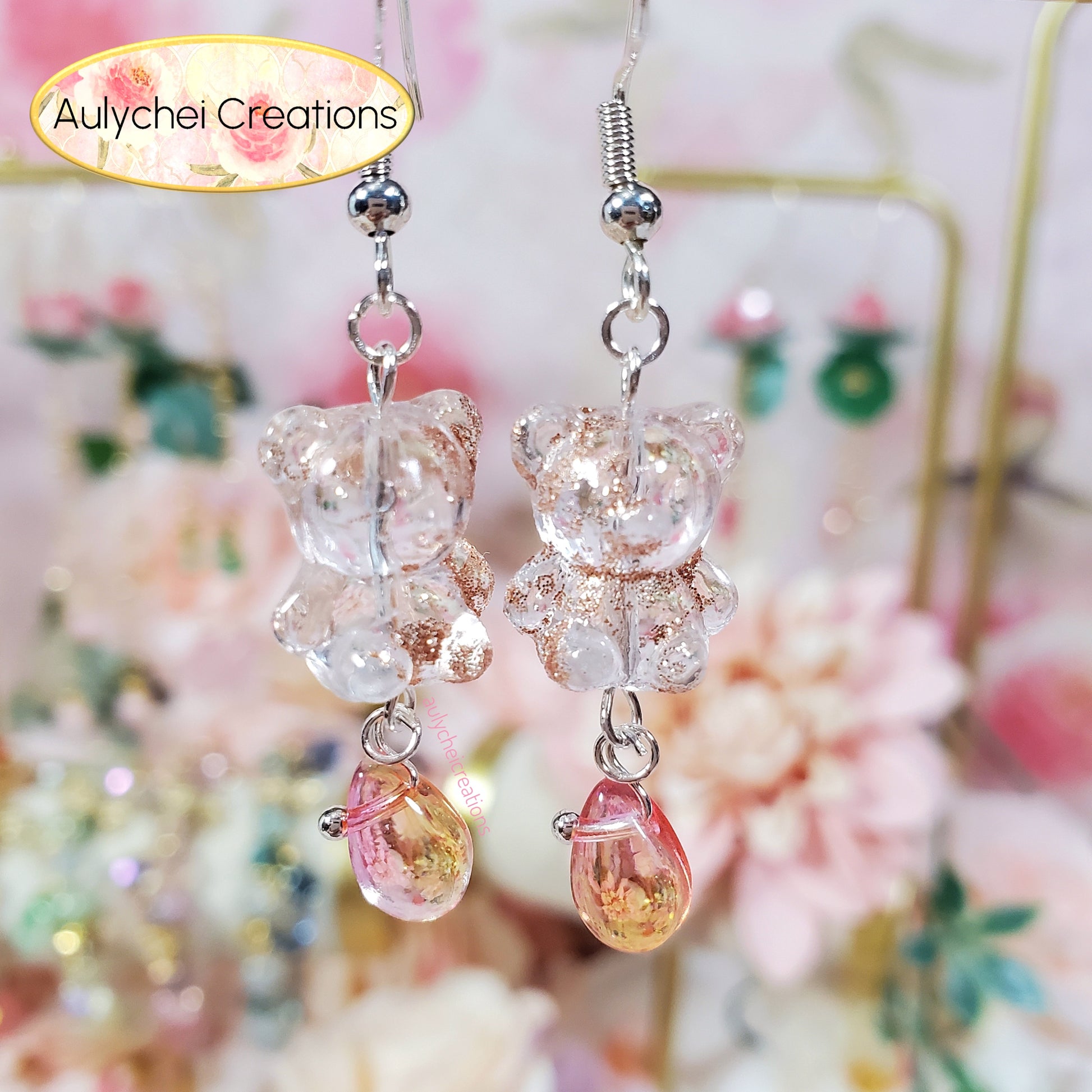 Clear Glitter Glass Candy Bear Drop Earrings