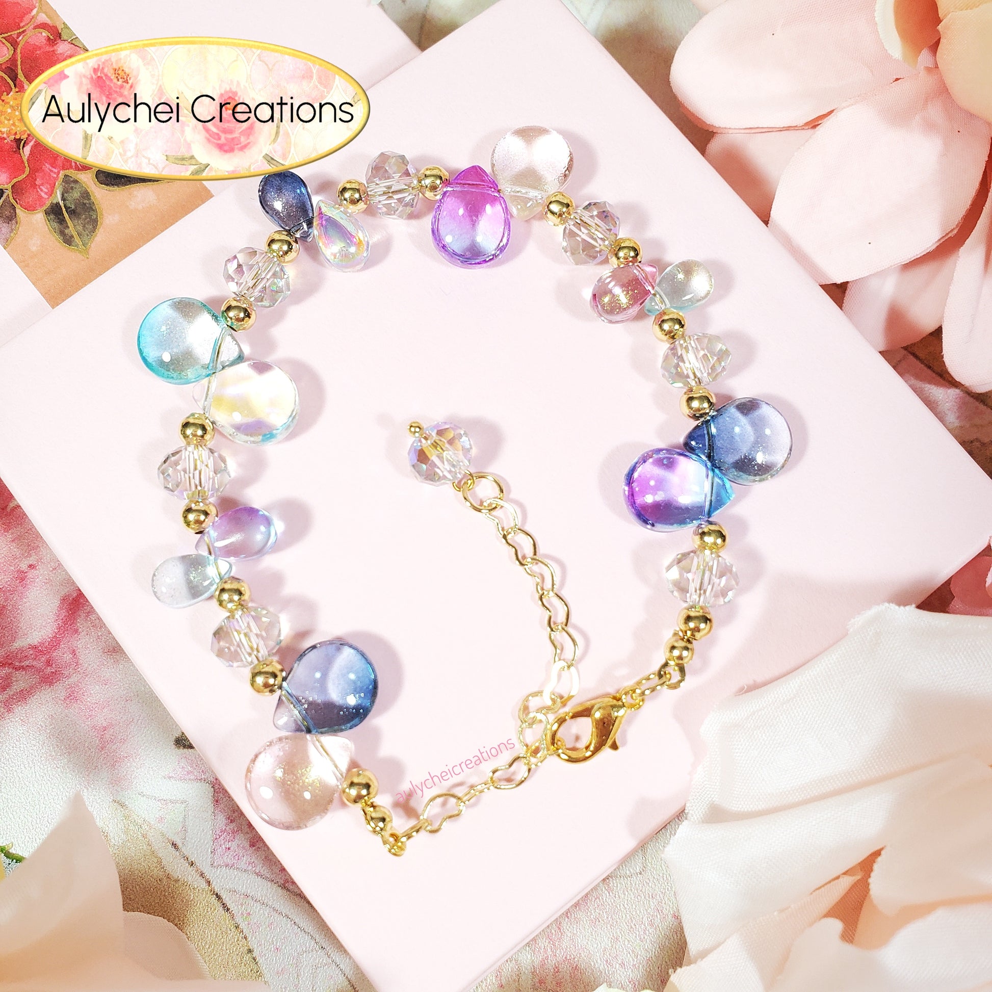 Glass Water Bead Gold Chain Bracelet 01