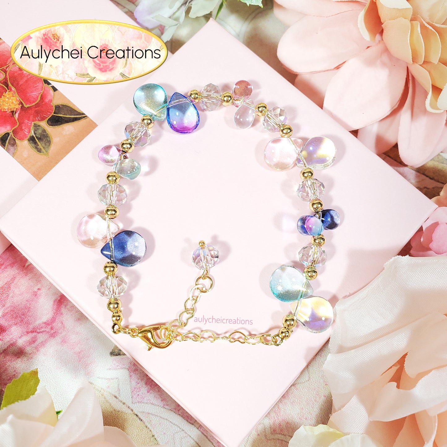 Glass Water Bead Gold Chain Bracelet 03