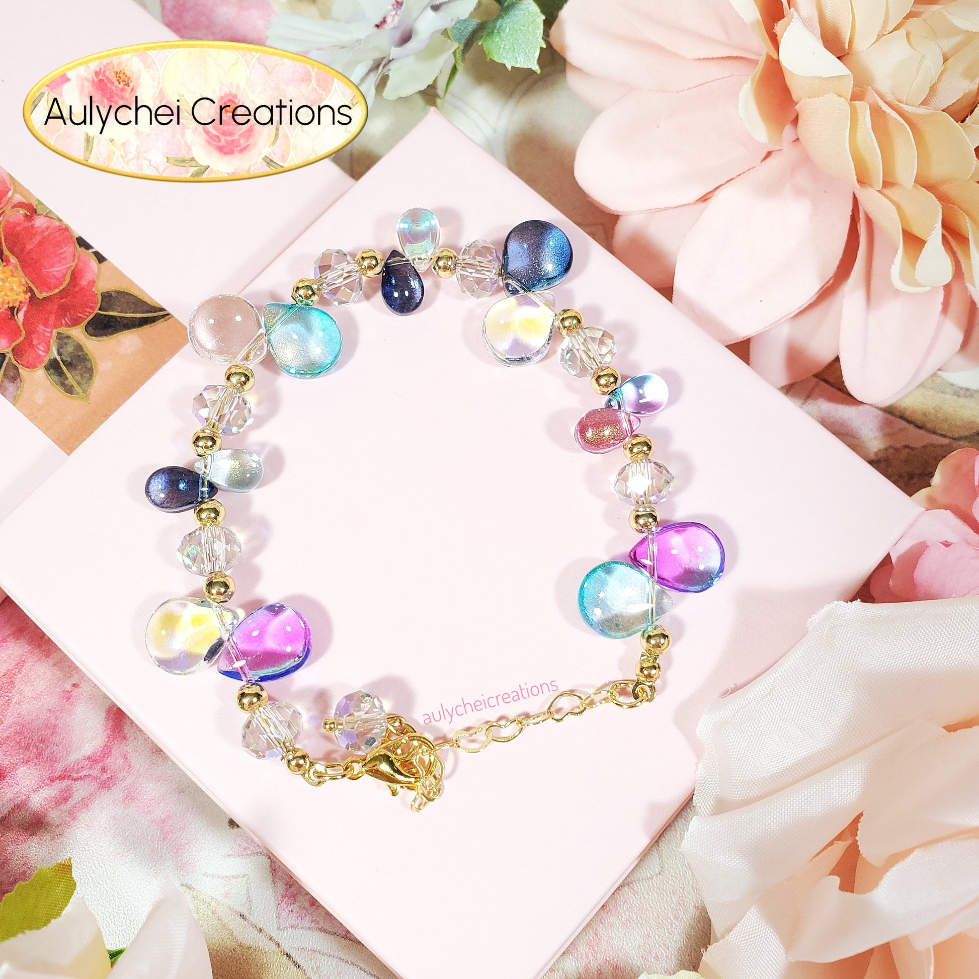 Glass Water Bead Gold Chain Bracelet 04