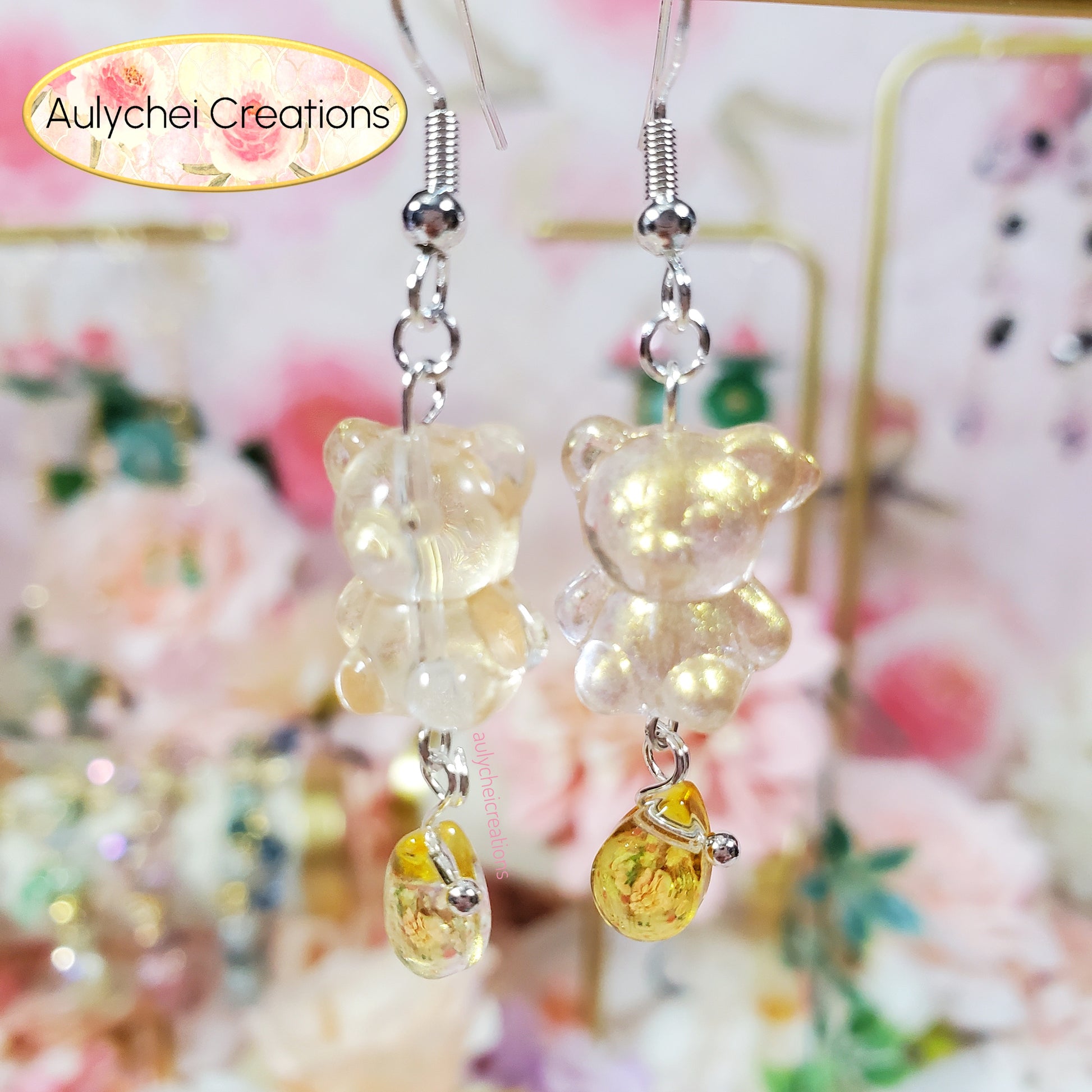 Gold Glass Candy Bear Drop Earrings