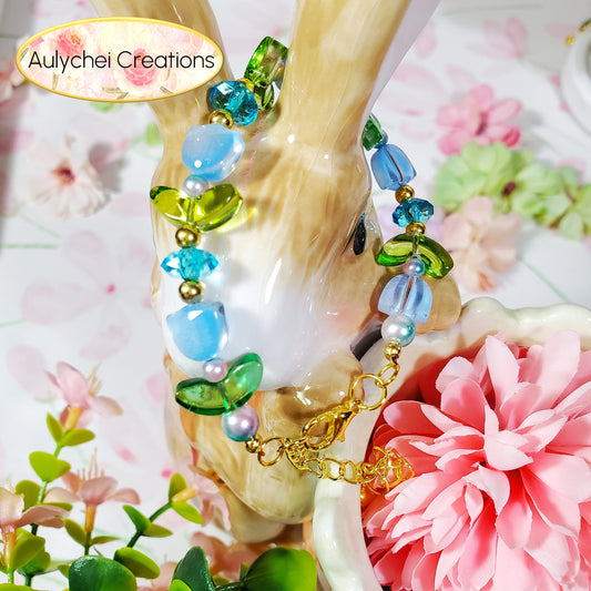 Handmade Blue Tulip Flower Glass Beaded Bracelet for sale