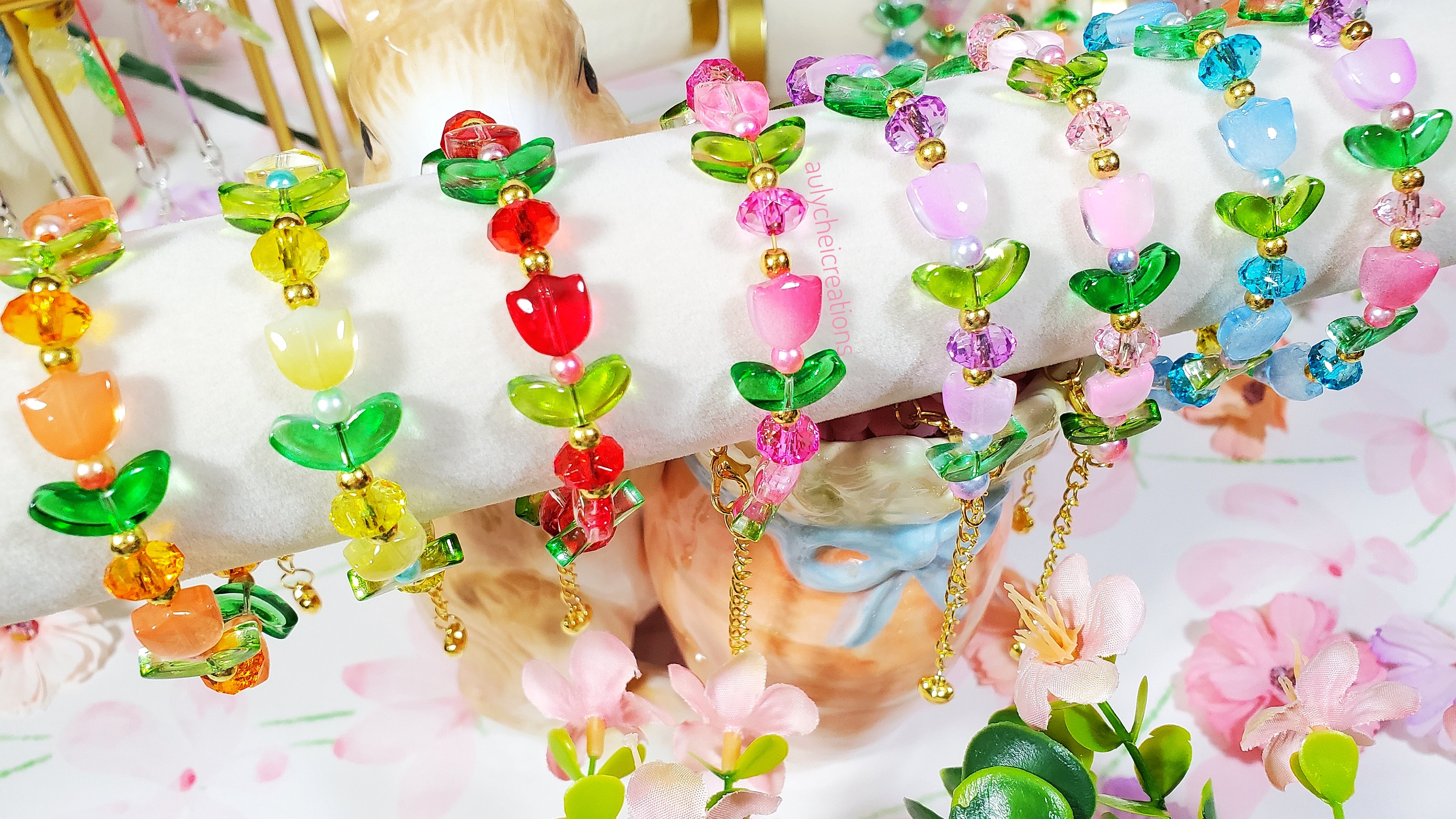 Handmade Glass Tulip Beaded Bracelets, Lily Glass Bead Bracelets, and Enamel Tulip Earrings for Sale