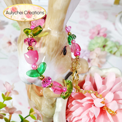 Handmade Magenta Tulip Flower Glass Beaded Bracelet for sale