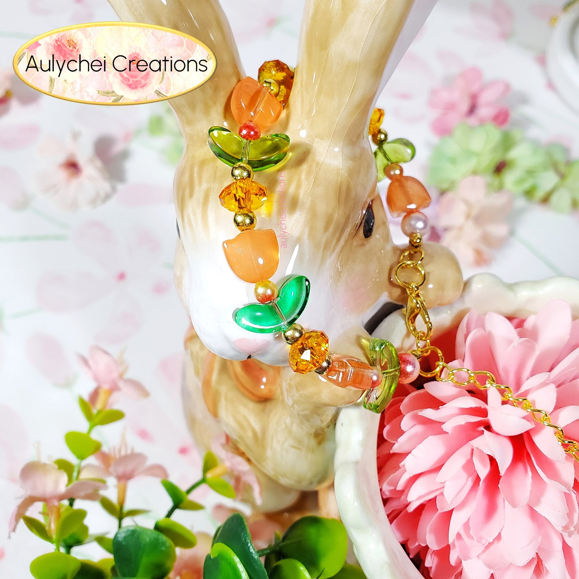 Handmade Orange Tulip Flower Glass Beaded Bracelet for sale