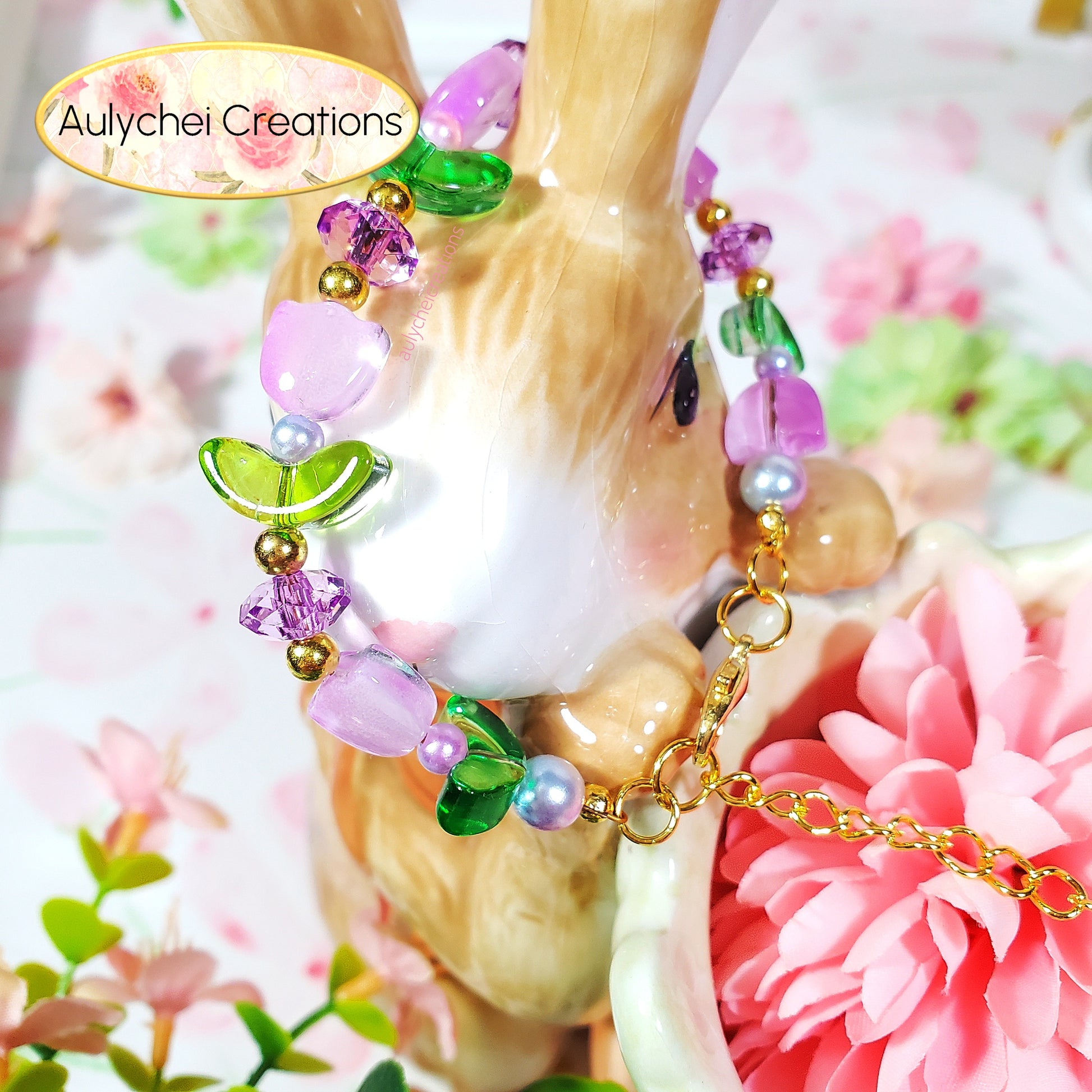 Handmade Purple Tulip Flower Glass Beaded Bracelet for sale