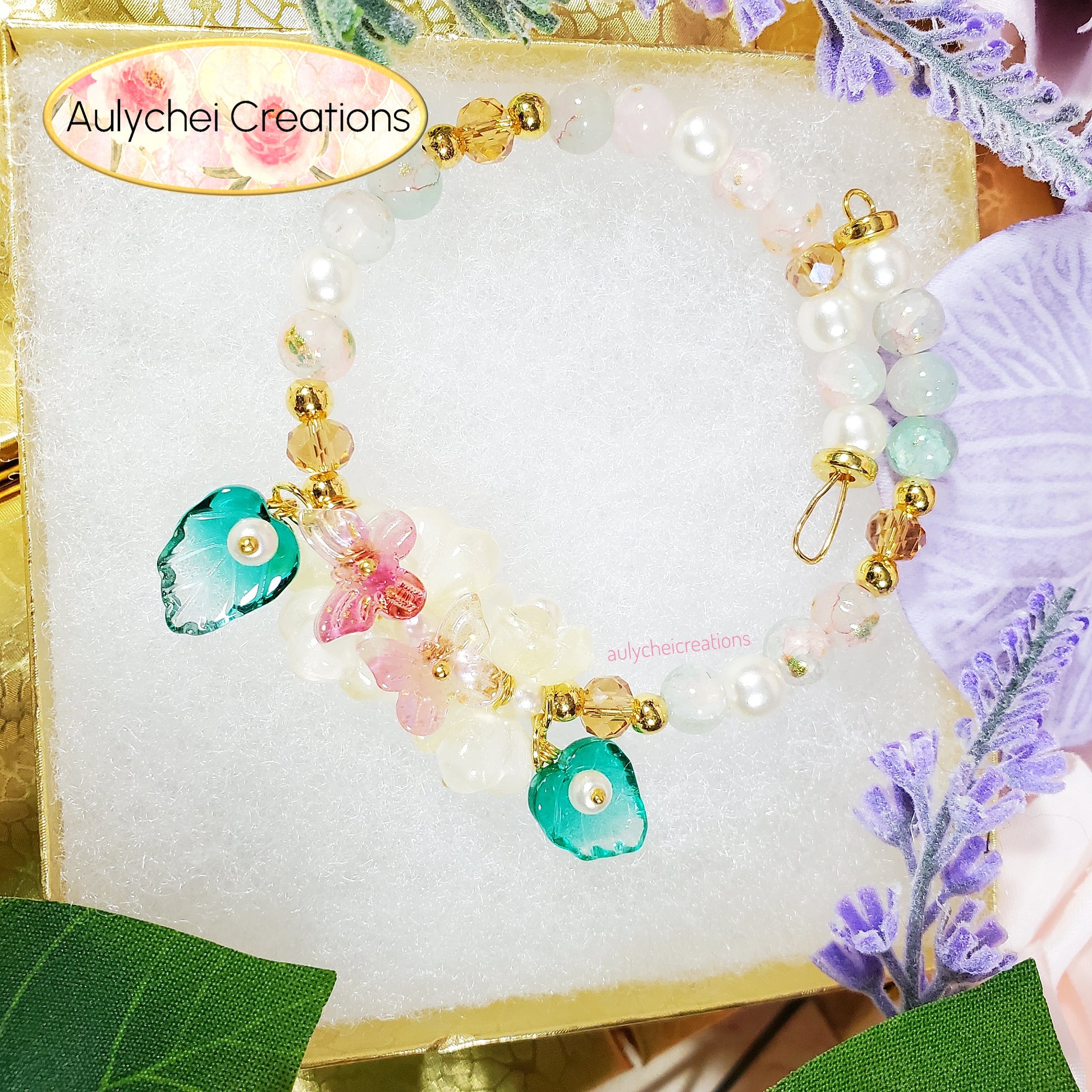 Ivory Glass Flower and Butterfly Beaded Wrap Bracelet