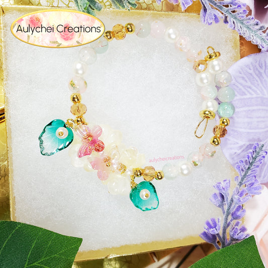 Ivory Glass Flower and Butterfly Beaded Wrap Bracelet