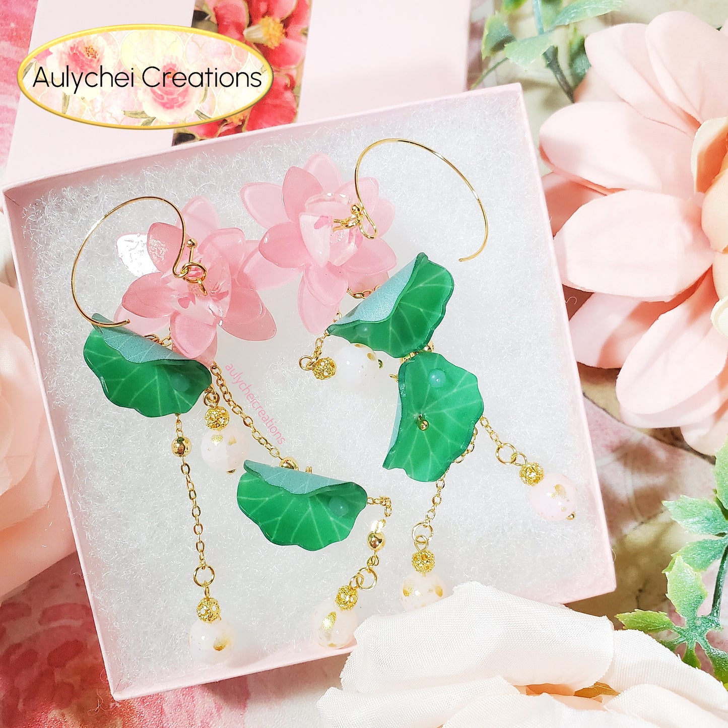 Light Pink Lotus Flower Dangle Earrings