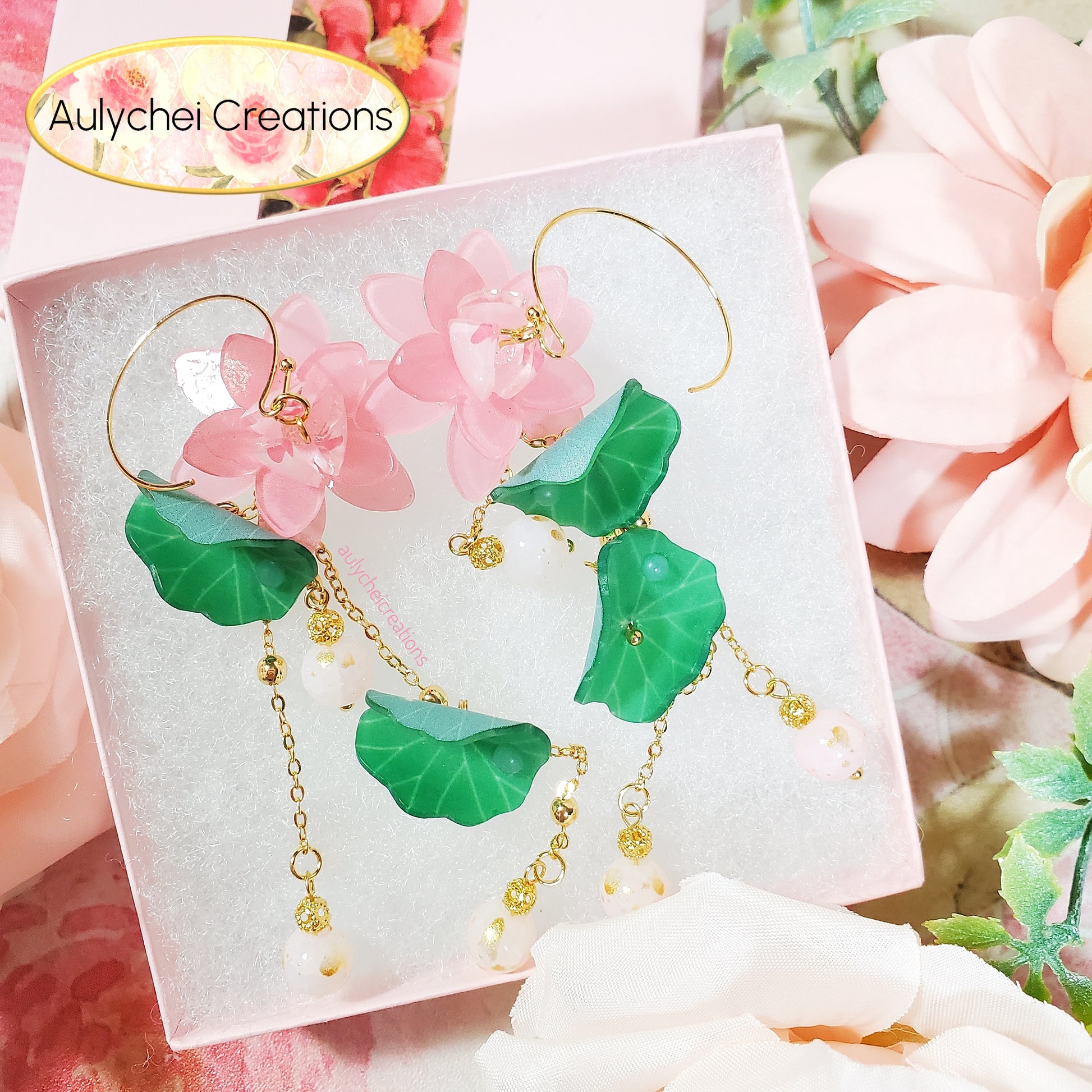 Light Pink Lotus Flower Dangle Earrings