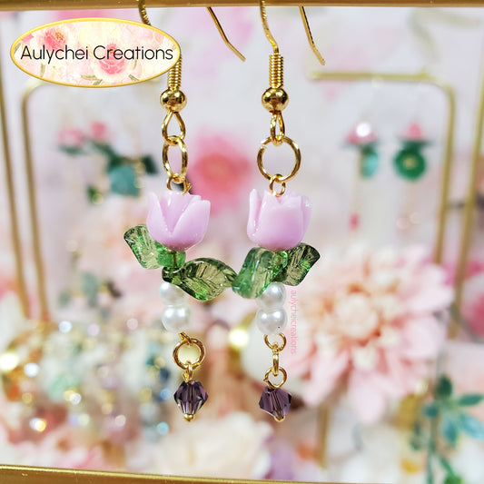 Lilac Rose Bud Crystal Drop Earrings