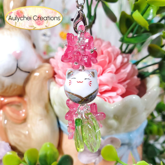 Magenta Osmanthus Cat Glass Bead Flower Keychain Lanyard for Sale