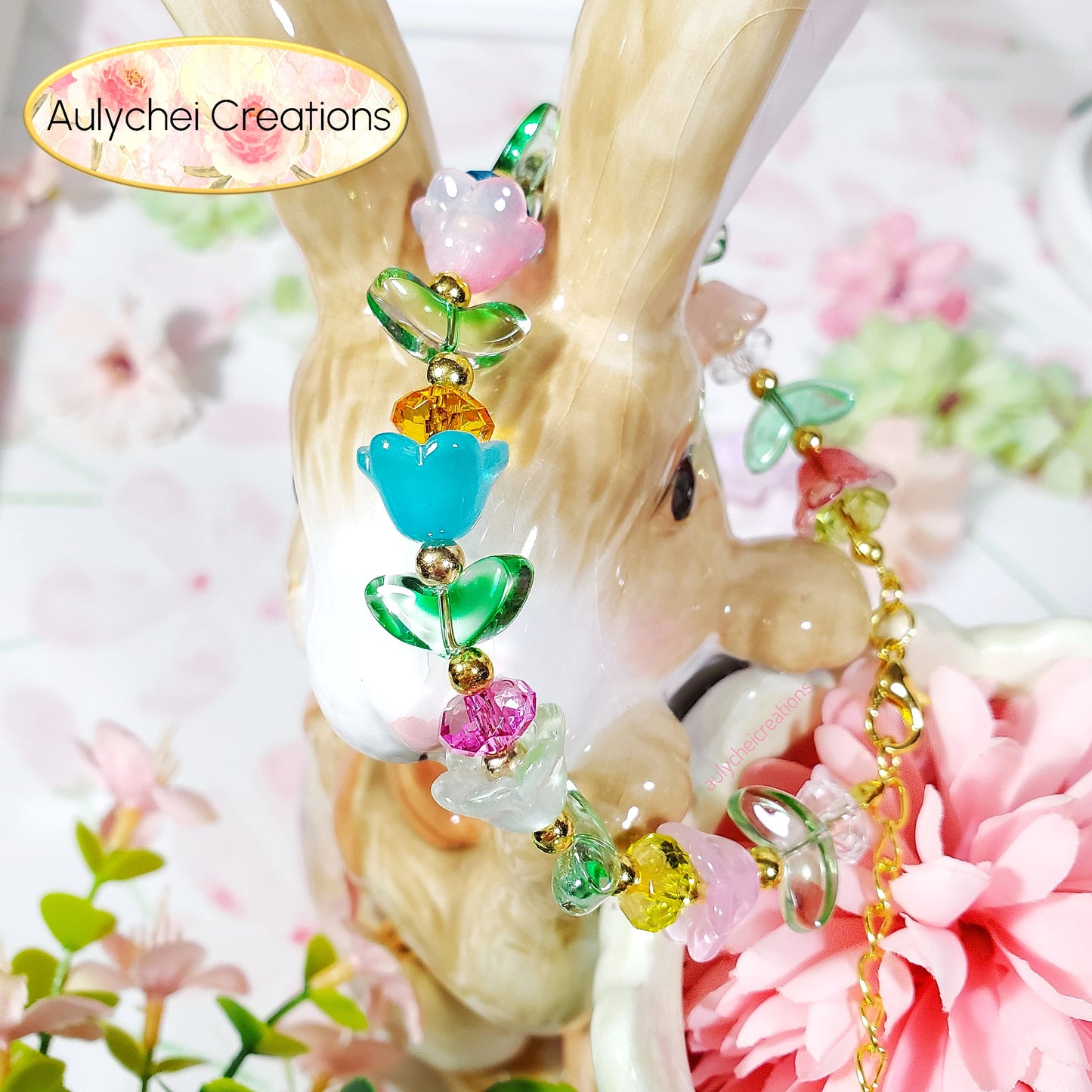 Multi-Color Tulip Lily Flower Glass Beaded Bracelet 05 for sale