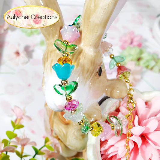Multi-Color Tulip Lily Flower Glass Beaded Bracelet 05 for sale
