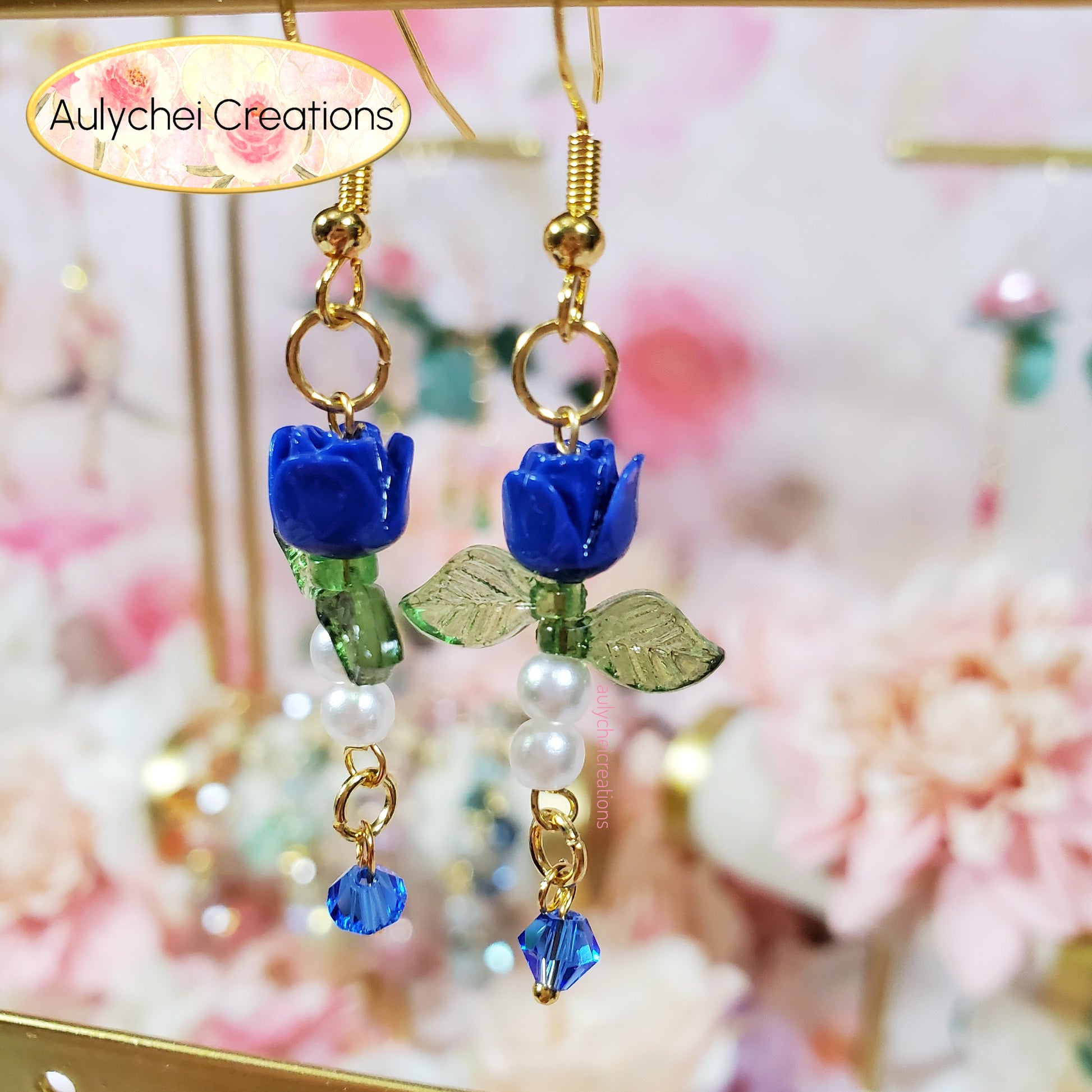 Navy Blue Rose Bud Crystal Drop Earrings