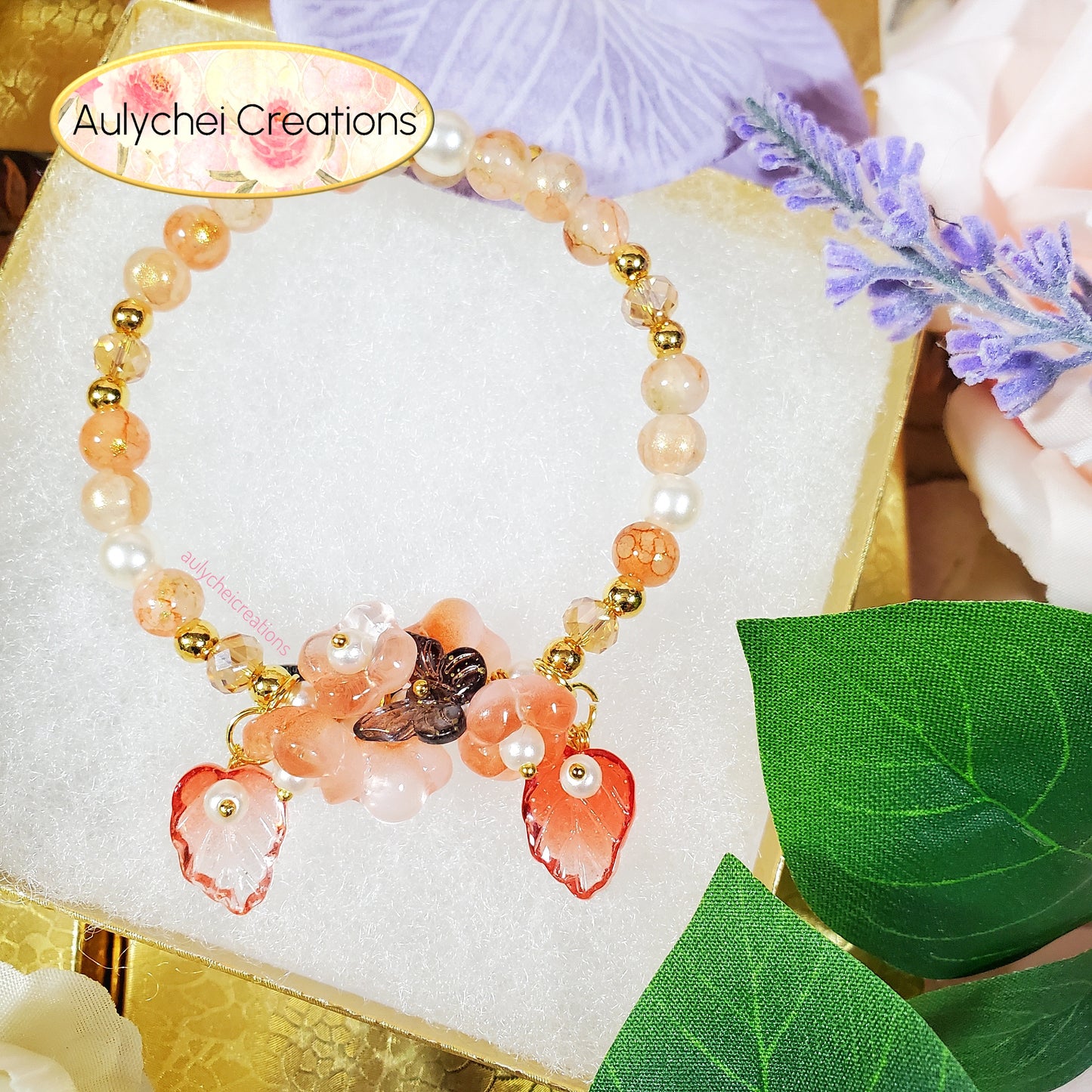 Orange Glass Flower and Butterfly Beaded Wrap Bracelet