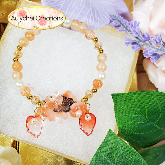 Orange Glass Flower and Butterfly Beaded Wrap Bracelet