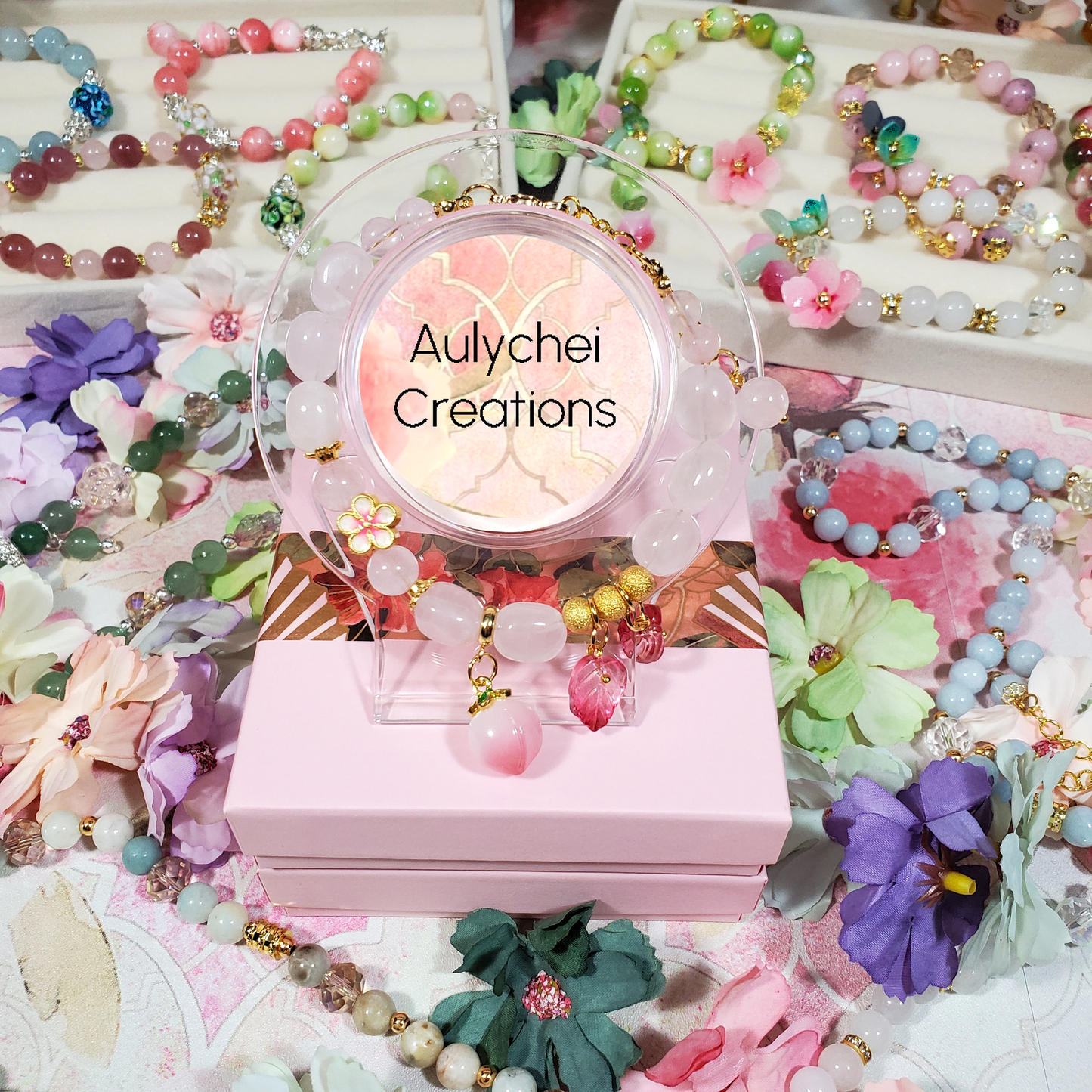 Rose Quartz Bracelet with Pink Glass Peach Charm