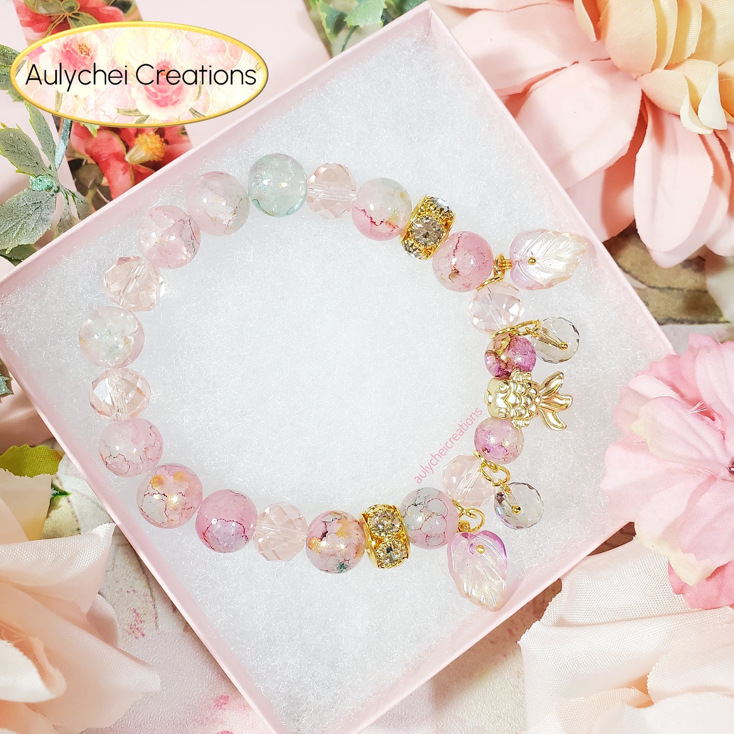 Pink Glass Beaded Goldfish Charm Bracelet