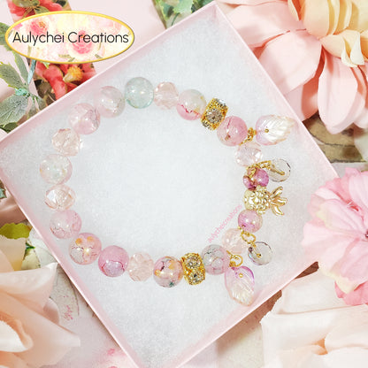 Pink Glass Beaded Goldfish Charm Bracelet