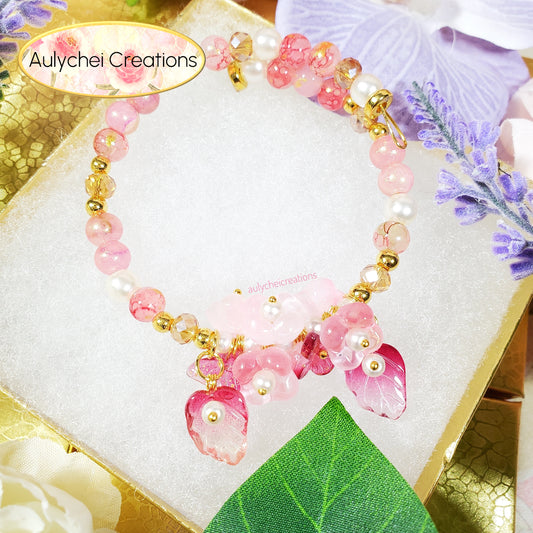 Pink Glass Flower and Butterfly Beaded Wrap Bracelet