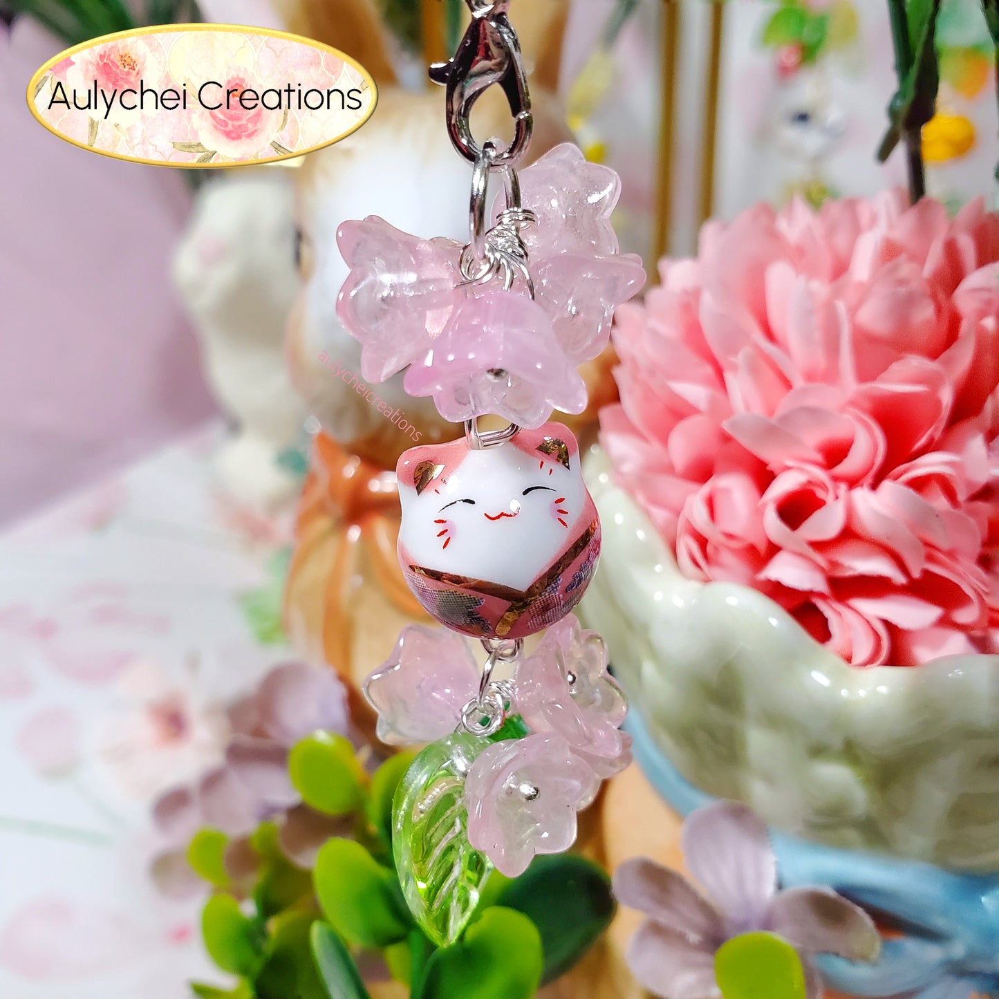 Pink Lily Cat Glass Bead Flower Keychain Lanyard for Sale