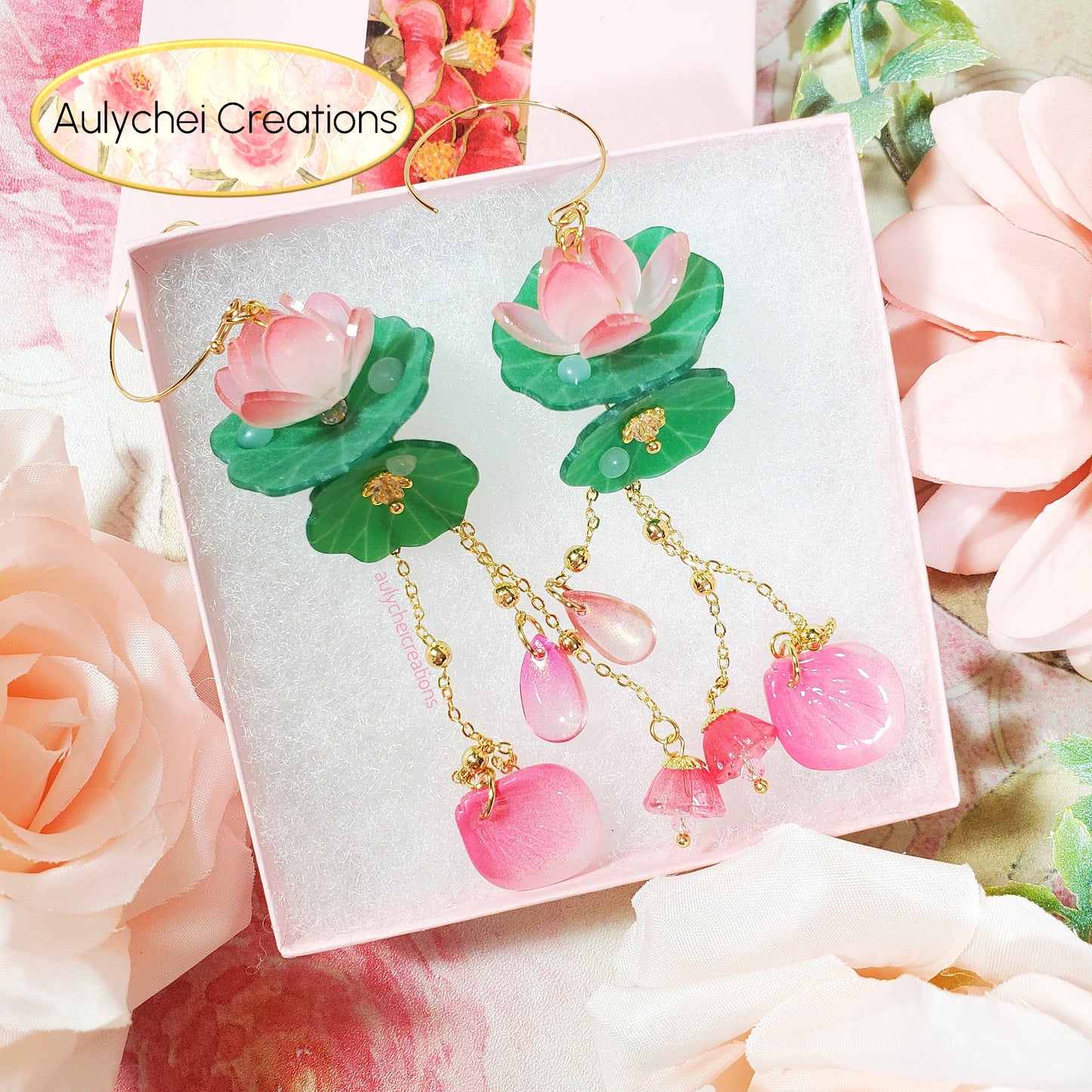 Pink Lotus Flower Dangle Earrings