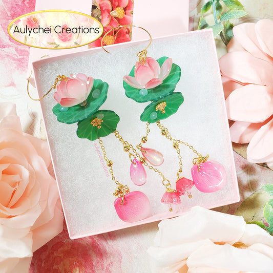 Pink Lotus Flower Dangle Earrings