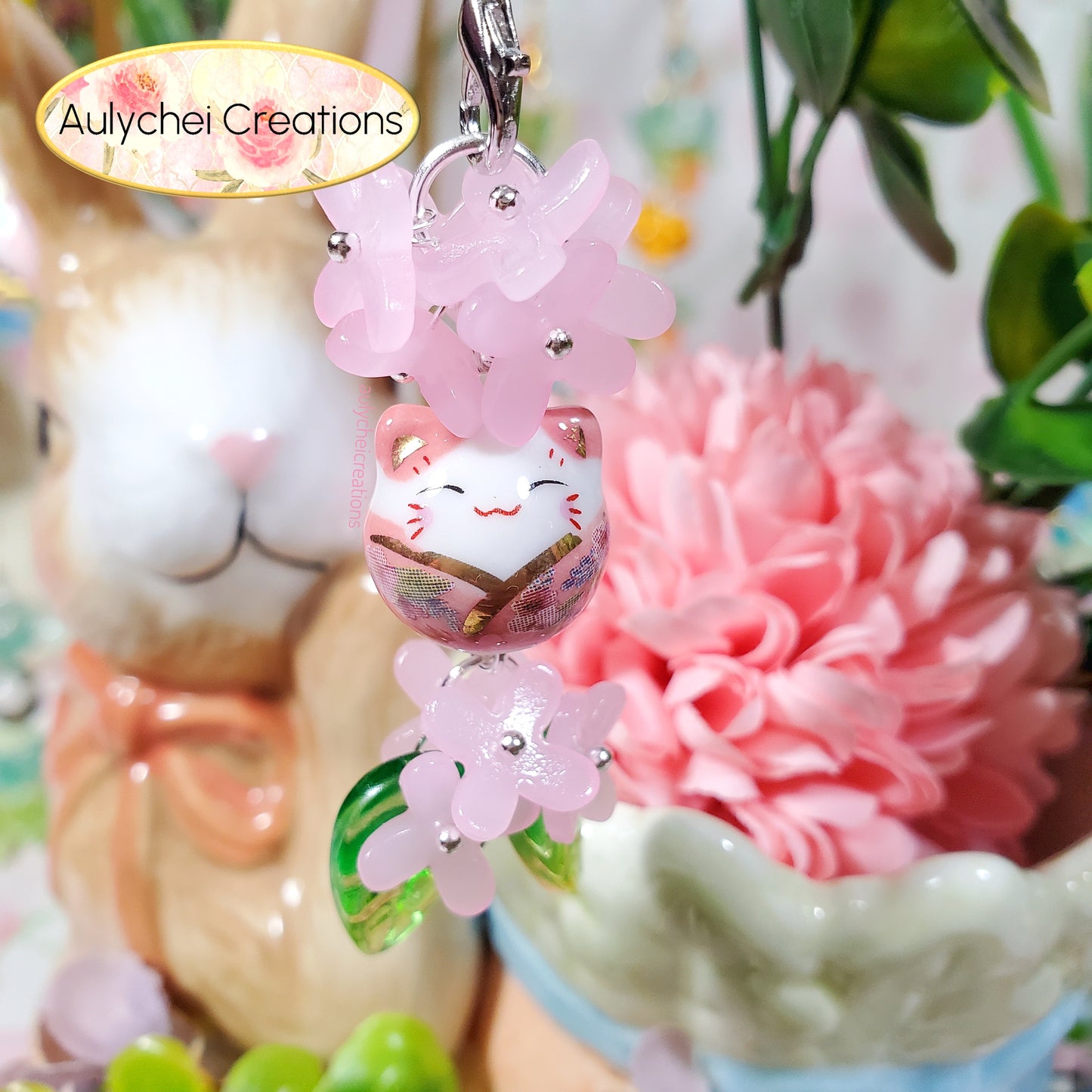 Pink Osmanthus Cat Glass Bead Flower Keychain Lanyard for Sale