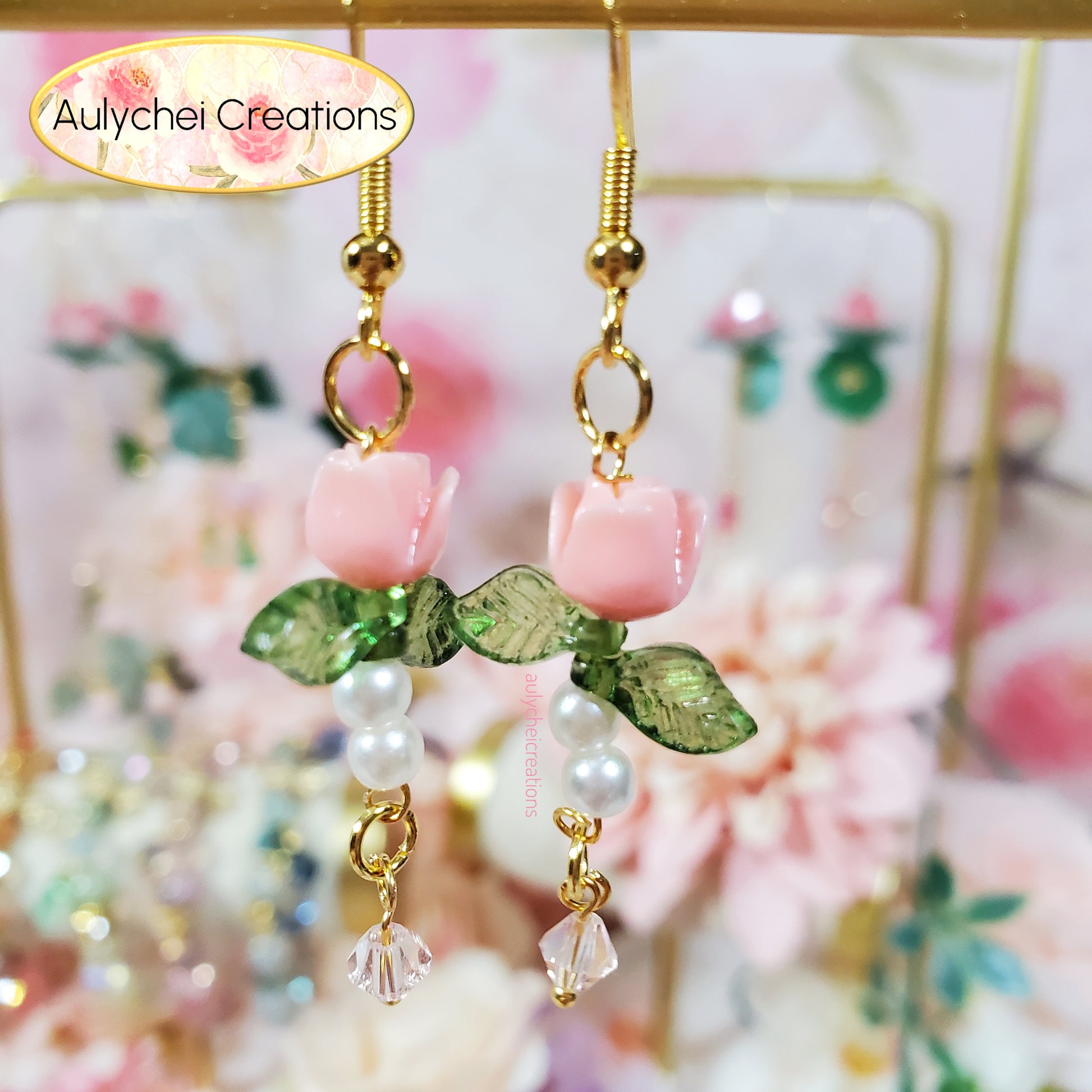 Pink Rose Bud Crystal Drop Earrings