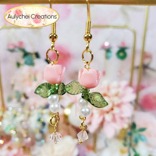 Pink Rose Bud Crystal Drop Earrings