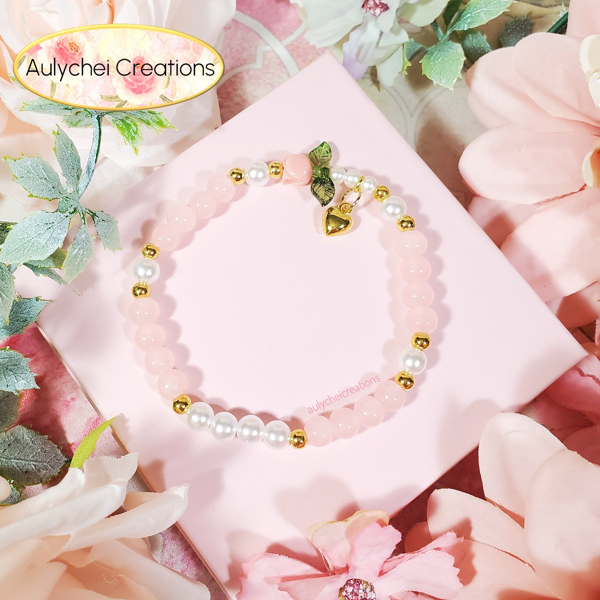 Pink Rose Bud Glass Beaded Charm Bracelet