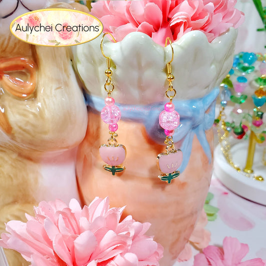 Pink Tulip Enamel Flower Dangle Earrings for Sale
