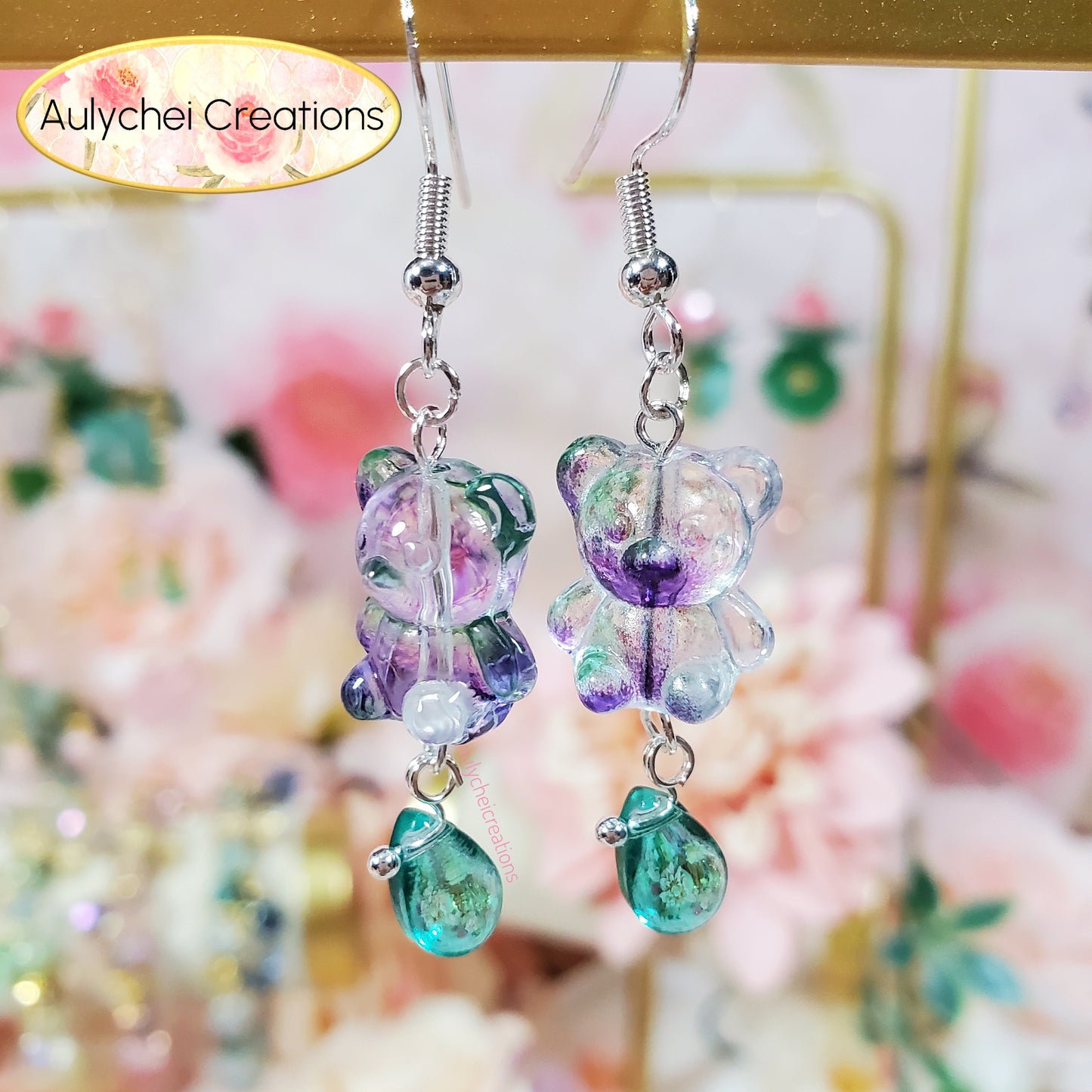 Purple Glass Candy Bear Drop Earrings