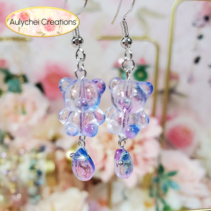 Purple Glass Candy Bear Drop Earrings 01